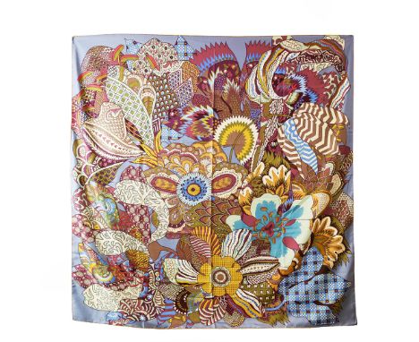 HERMÈS SHAWL “FLEURS D’INDIENNES”. designed by Aline Honore, with stylized flowers and geometric motifs, made in France, silk