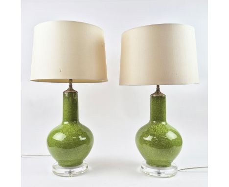TABLE LAMPS, A PAIR. glazed ceramic, perspex bases, silvered metal detail, with shades, 63cm H approx. (2).