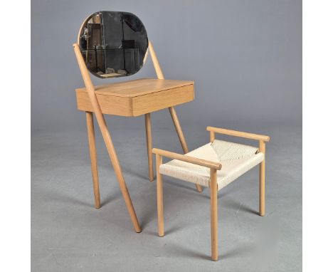 ATTRIBUTED TO JOHN LEWIS BOW DRESSING TABLE &amp; MIRROR, WITH A MATCHED STOOL. 65cm w x 123cm t (2).