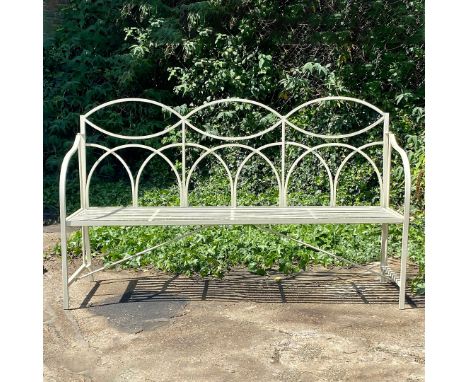 A REGENCY STYLE GARDEN BENCH. with reeded metal frame, 99cm H x 165cmW x 43cm D.