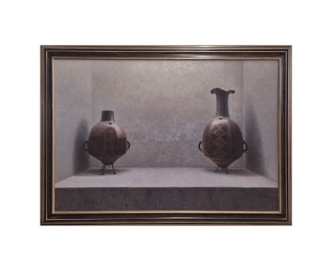 PABLO SANTBANEZ SERVAT (B. 1972, Chile). oil on canvas depicting two amphora on stands, framed, 120cm x 184cm.