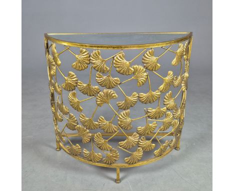 CONSOLE TABLE, DEMILUNE FORM, GILT METAL. Mirrored top, floral design to frame, 87cm high, 90cm wide, 33cm deep.