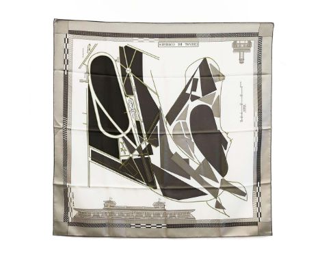 HERMÈS SCARF “CHEVAL DE COURSES”. by Anamorphee, abstract design of a horse's head, silk, made in France, approx 90cm x 90cm.