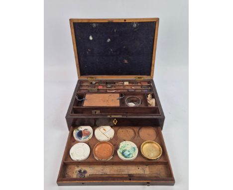 A GEORGE III WILLIAM REEVES &amp; SON PAINTERS BOX. circa 1800, rosewood veneered and inlaid with boxwood and ebony stringing