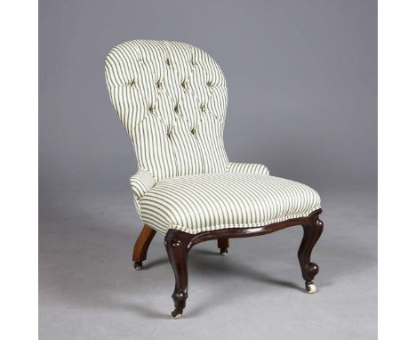 VICTORIAN SLIPPER CHAIR. green and white ticking upholstered with ceramic castors, 90cm H x 83cm W x 60cm D.