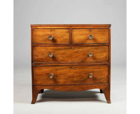 REGENCY MAHOGANY CHEST. Two short over two long drawers raised on splayed bracket supports 89cm H x 87cm W x 46cm D.