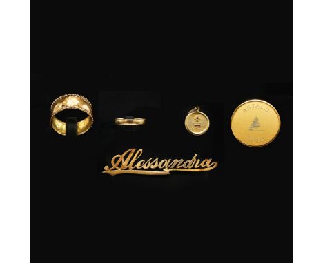 A COLLECTION OF ASSORTED 18CT GOLD. comprising an 'Astaldi Roma' medallion, a Diieri Di Domani ruby inset pendant, a yellow m