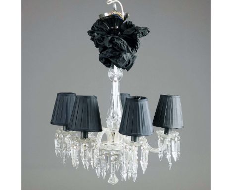 CHANDELIER, CUT GLASS. with five branches, with black shades approx. 50cm w x 73cm t.