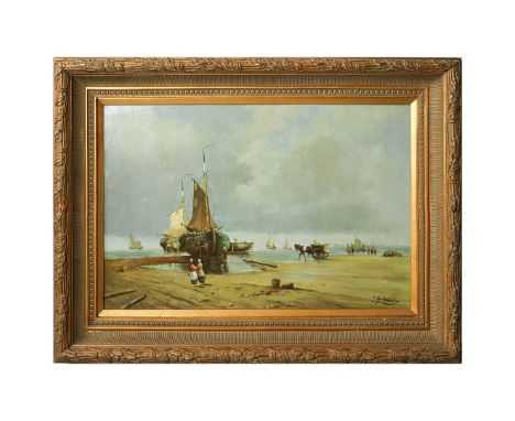 J. BUCHANAN. BEACH SCENE WITH FISHING BOATS. oil on canvas, 88cm x 117cm, framed.