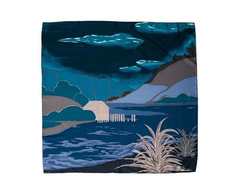 HERMÈS SCARF “AU BOUT DU MONDE”. designed by Antoine Carbonne, abstract landscape design, silk, hand sewed and rolled edges, 