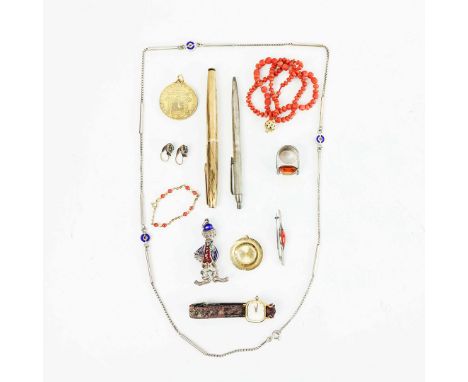 AN ASSORTMENT OF JEWELLERY. comprising an 18ct gold cased Omega wristwatch, a pair of yellow metal earrings, a silver and ena