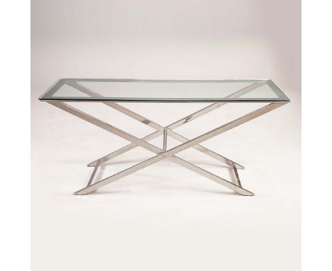 CONSOLE TABLE, POLISHED METAL AND GLASS. 129.5cm x 30cm x 73cm.