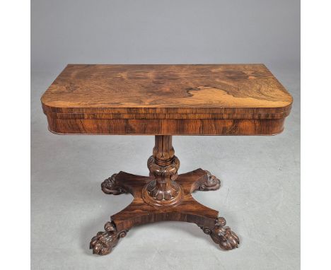WILLIAM IV ROSEWOOD CARD TABLE. circa 1835, with red baize playing surface on brass castors, 73cm H x 92cm W x 45cm D.