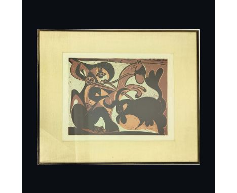 PABLO PICASSO. APRES LA PIQUE. (d) Linocut in black, brown and tan 27cm x 33cm, framed, published by Editions D'Art 1962, fra