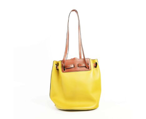 LOEWE LAZO BUCKET SHOULDER BAG. double handle in tan leather on mustard yellow leather body, suede lining, one main compartme