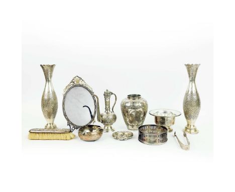 A COLLECTION OF ASSORTED SILVER, WHITE METAL &amp; PLATED WARES. comprising a Eastern ewer, a pair of baluster shaped vases, 