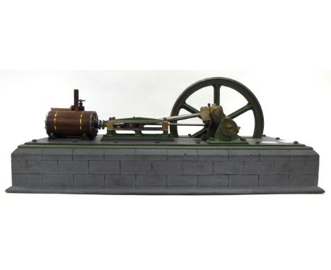 Live Steam Large Stationary Engine with single horizontal wood lagged cylinder and 8.5'' (22cm) diameter flywheel, mounted on