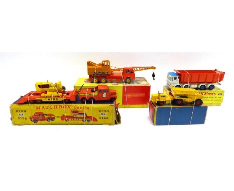 Dinky 925 Leyland Dump Truck (G-E box G-F) 972 Coles mobile crane, yellow plastic hubs (E-G box G-F); Matchbox Kingsize K2 Da