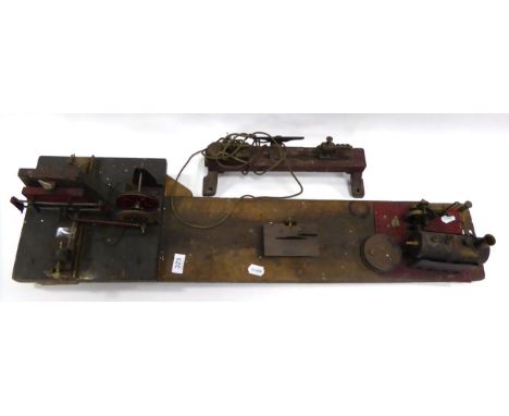 Live Steam Log Saw connecting a stationary engine to a log saw, mounted on wooden base