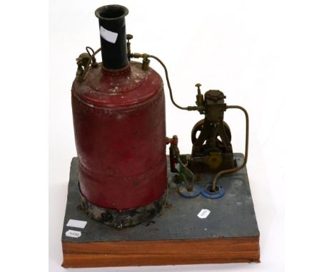 Live Steam Stationary Engine consisting of large vertical boiler 7'', 18cm diameter connected to a Stuart (?) single cylinder