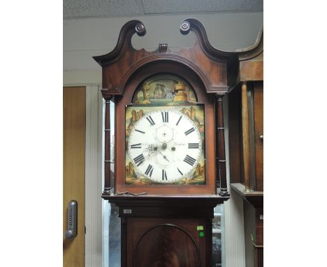 A late 18th century mahogany longcase clock having swan neck and pillar hood containing painted arch moveable dial and 30 hou