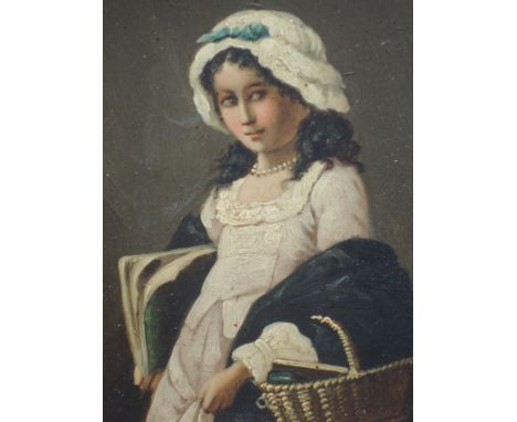 A pair of oil paintings on board, portrait studies, women with baskets, 19th century, each 7 x 6in