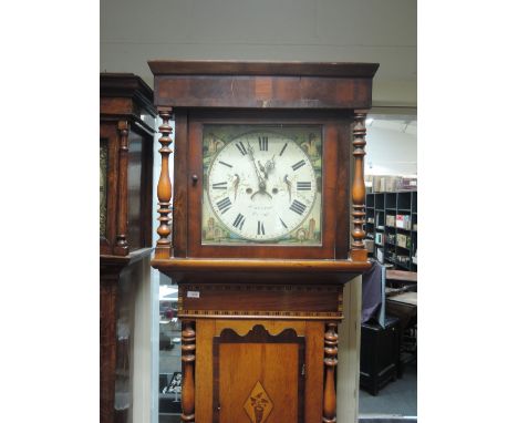 An early 19th century oak and mahogany longcase clock having square hood containing painted dial and 8 day movement by Scales