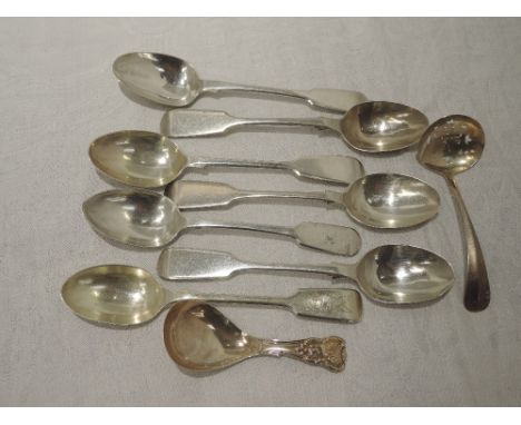 A Georgian silver caddy spoon in the Kings pattern, Birmingham 1936, George Unite, a selection of Victorian silver teaspoons 
