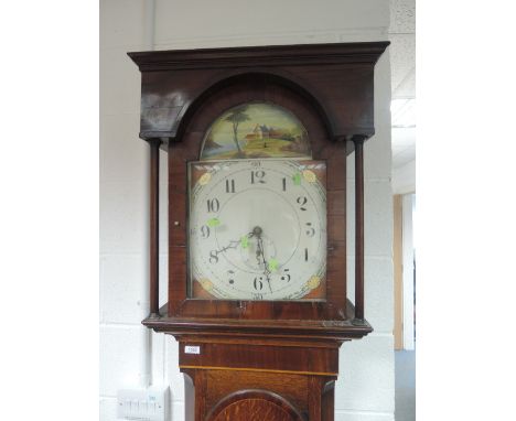 A late 18th century oak longcase clock having square and pillar hood containing painted arch dial and 30 hour movement on arc