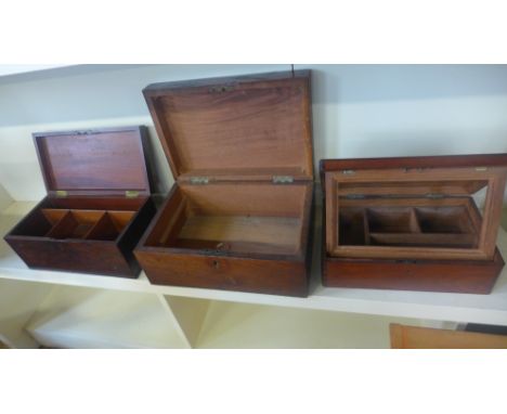 A group of three 19th century mahogany  writing/tea caddy boxes - largest 37cm long - all well used, some fittings missing