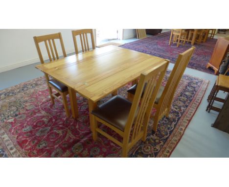 A modern light oak Multiyork dining table and four high back dining chairs with brown upholstered seats - 133cm x 103cm x 75c