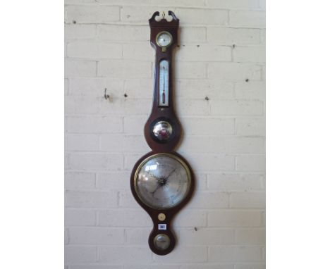 A mahogany case inlaid wheel barometer thermometer - Height 96cm