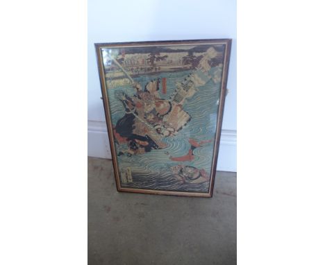A Japanese woodblock print by Utagawa Sadahide depicting warriors - 24cm x 36cm - some surface discolouration possible cut ot