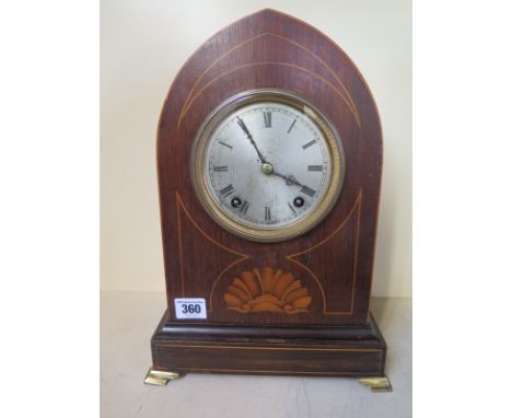 An early 20th century walnut and box wood line inlaid mantle clock W.H. movement strikes on two coiled gongs - Height 13 1/2 