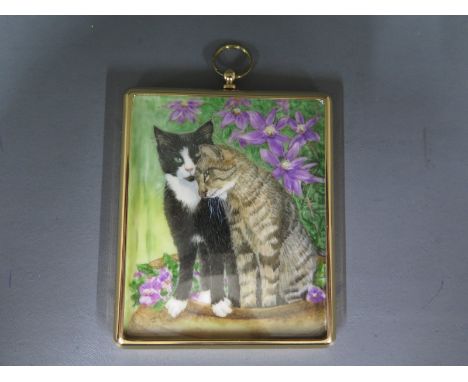 Jackie Mayhew portrait of cats, cat painter and member of Royal Society of Miniature painters - 6.5cm x 7.8cm