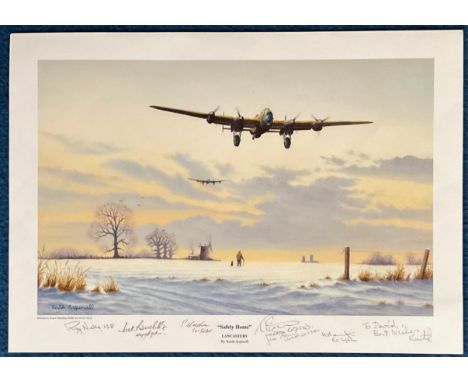 WW2 Print approx 12 x 16 Safely Home Lancasters by Keith Aspinall Multi Signed by Ray Nells 158 Sqdn, Jack Rodwells 44 Sqdn, 