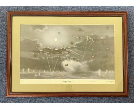 World War II Dambuster print and signed by Barry Wallond Titled Martin Delivers. Housed in Brown Frame and Overall size 20 x 