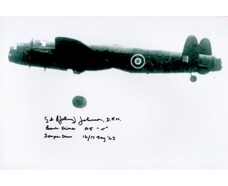 Dambuster Sq Ldr Johnny Johnson MBE, DFM signed Lancaster 10x8 black and white photo. Squadron Leader George Leonard Johnny J