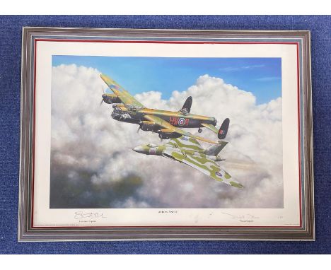 RAF Signed Print Titled Avros Finest by the artist Mal Grosse. Signed in pencil by the Lancaster captain and the Vulcan Capta