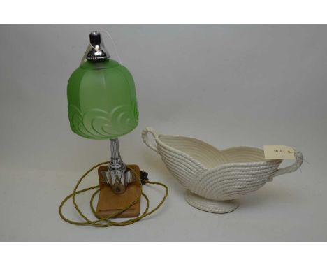 Art Deco style wall light, adapted to a table lamp, in chrome with a green glass shade, 48cms high; together with a twin-hand