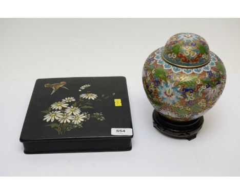 Chinese cloisonne enamel ginger jar and cover, decorated with stylised flowers, leaves and scrolls, on carved hardwood stand;