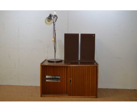 A mid Century teak hi-fi unit, with Hitachi FT300 amplifer, and an Akai stereo cassette deck, Model No. GXT706D, contained wi