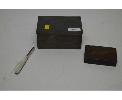 Pewter cigarette box, the hinged lid inscribed 'Cigarettes', the side panels embossed with forest scenes showing deer running