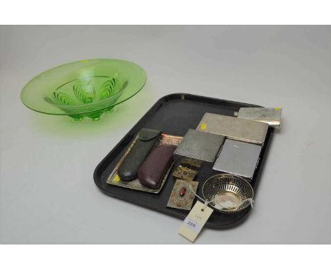 A hammered pewter cigarette box, 10.5cms wide; together with two silver-plated cigarette boxes; a circular pierced silver-pla