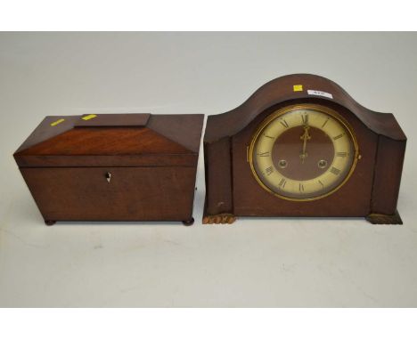 Victorian mahogany tea caddy, of typical form, raised on four bun feet, 28cms wide; along with a mahogany cased mantel clock.
