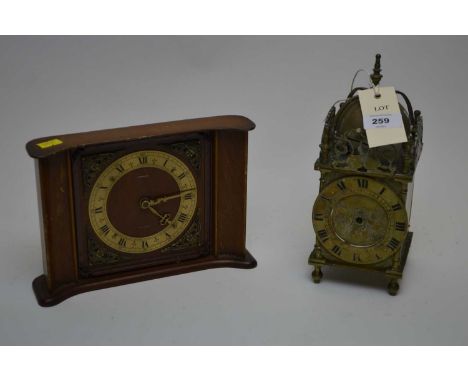A French brass lantern clock, 23cms high (lacking hands); together with a mahogany Tempora Sectronic mantle clock, 16 cms hig