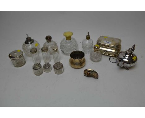 Selection of cut glass jars and bottles, of various designs, including some silver lidded examples; along with a small select