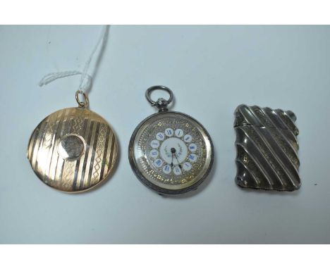 An engine turned locket, stamped '9ct front &amp; back'; a silver cased fob watch, with floral decorated dial; and a silver v