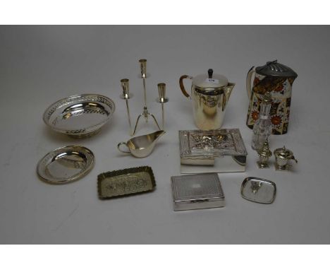 Contemporary Danish three branch candlestick, approximately 20cms high; along with a selection of silver plated wares, includ