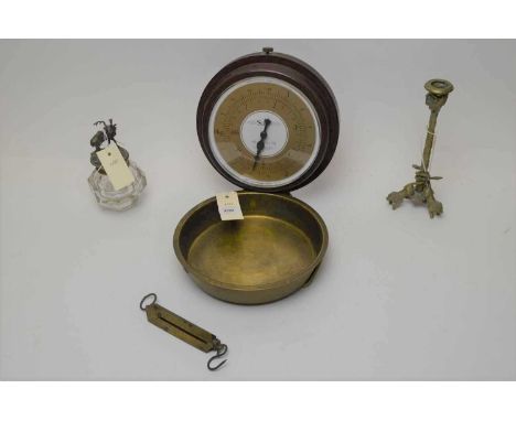 A set of Salter Housewares wall-mounting scales; along with a brass candlestick; and a brass collared crystal jar, the hinged